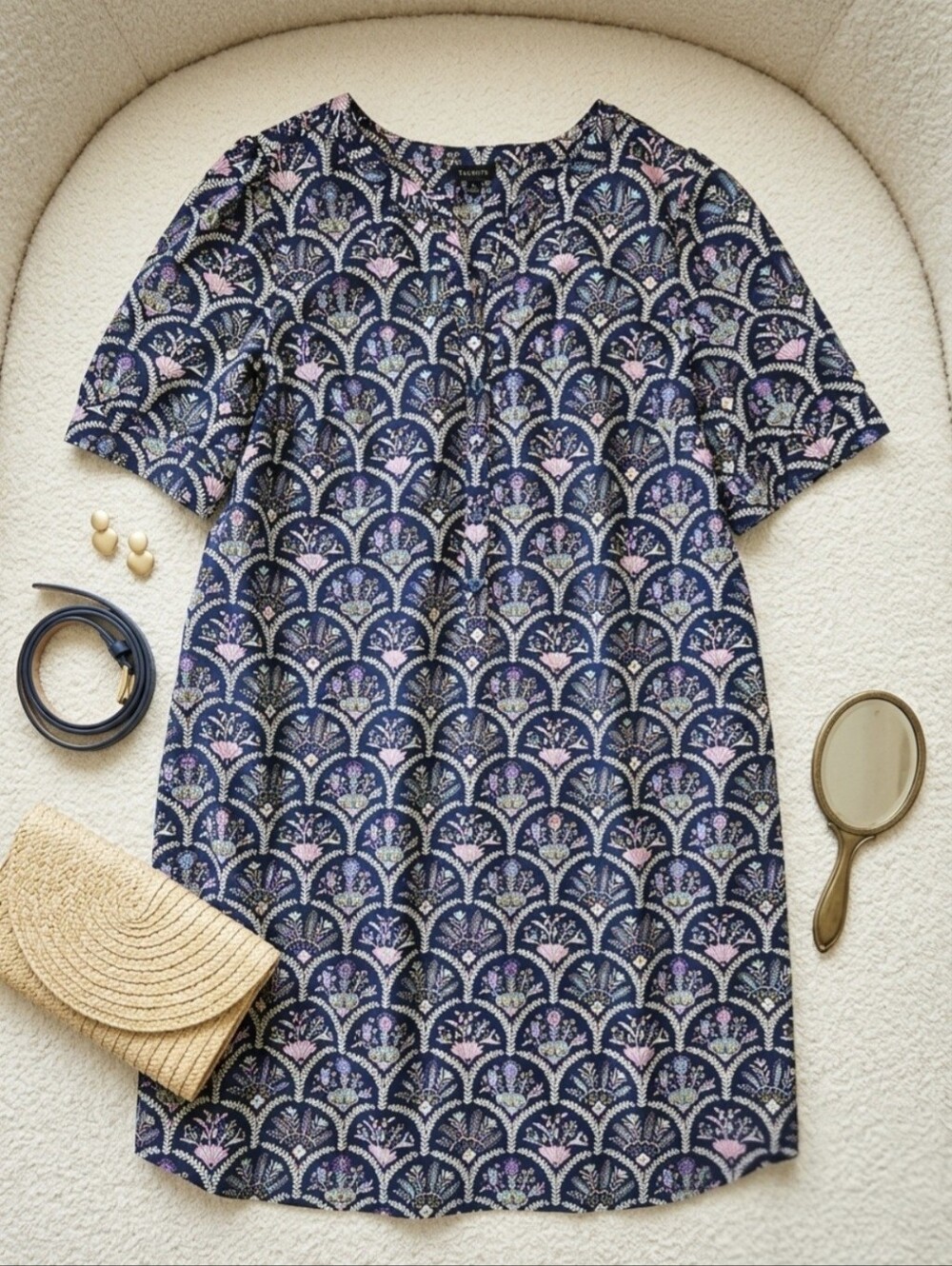 Talbots Poplin Shift Dress Scalloped Floral Print Navy Blue Cottot Size L